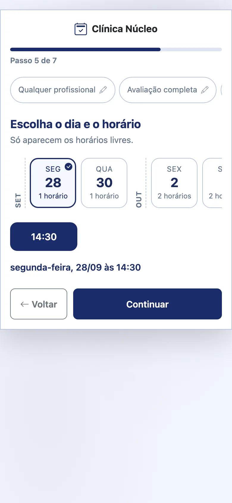 Tela de agendamento pelo site no celular: escolha do dia e do horário livre