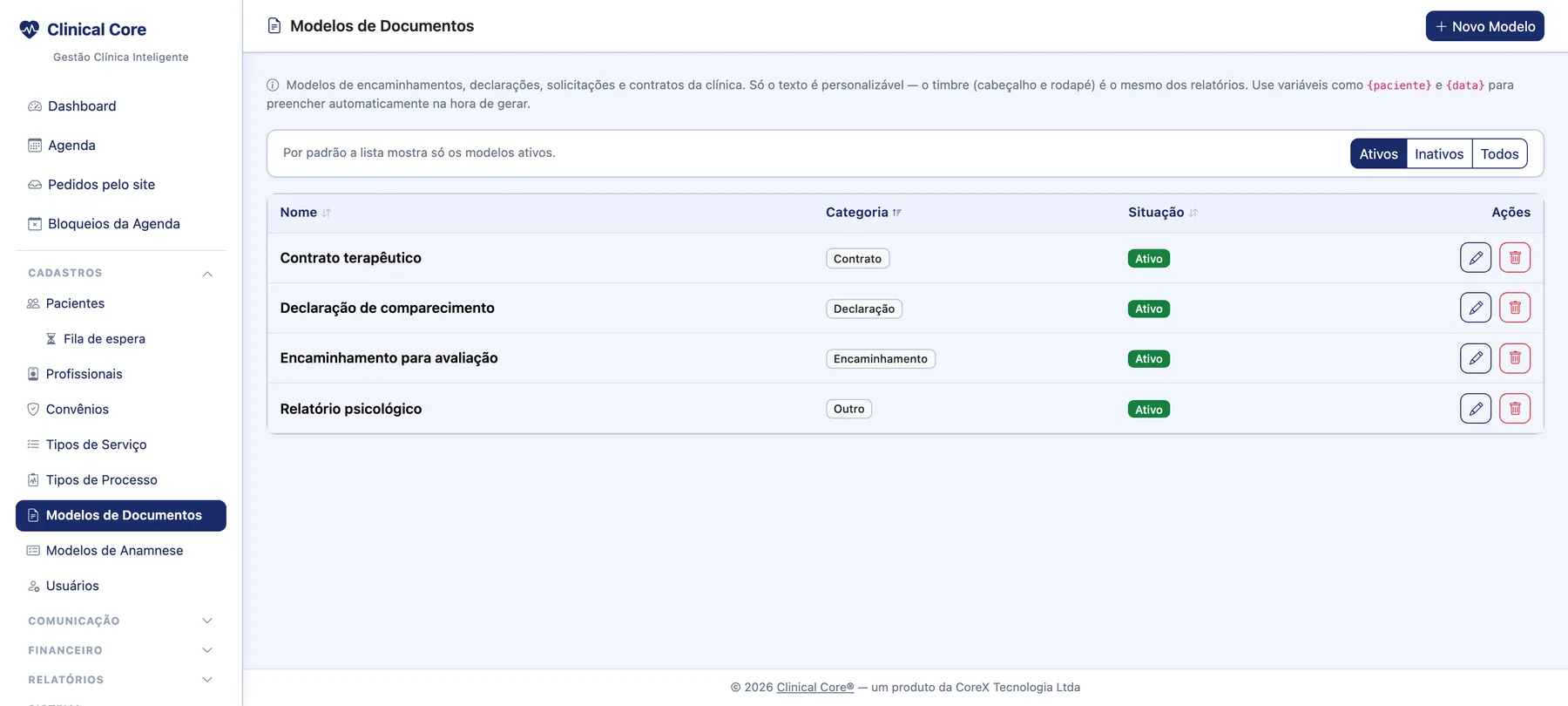 Modelos de documento do Clinical Core: declarações, encaminhamentos, relatórios e contratos