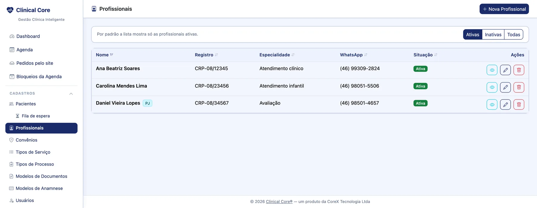 Lista de profissionais do Clinical Core, com especialidade, conselho e situação de cada um